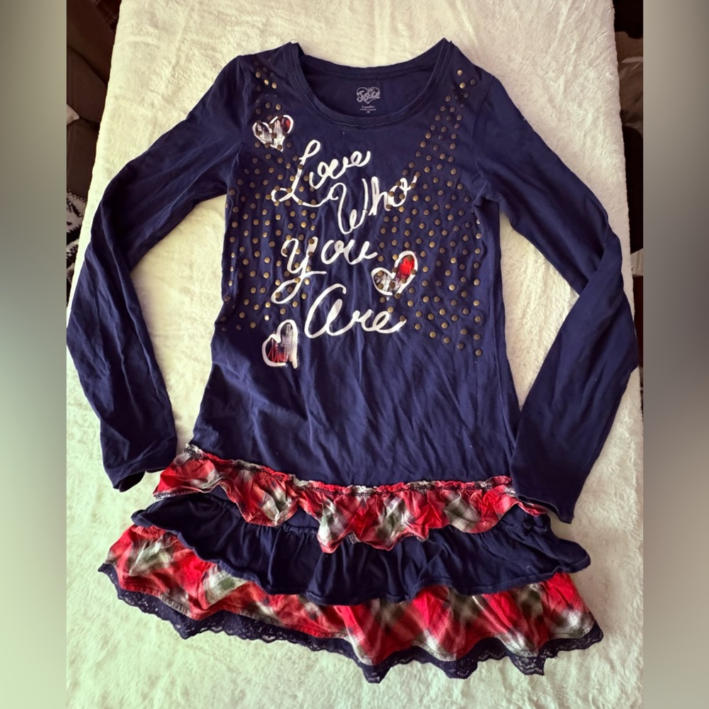 Justice Blue and Red Long Sleeve Tee with Heart Accents